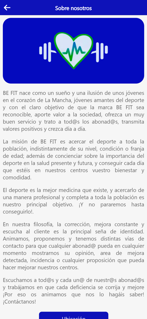 BE FIT CENTRO DEPORTIVO - Pantalla Acerca de nosotros de la app BE FIT Centro Deportivo mostrando la declaración de misión y el logotipo de fitness