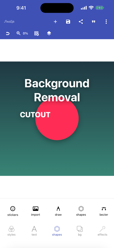 PixelLab mobile app interface displaying the background removal and cutout feature with a red circle graphic