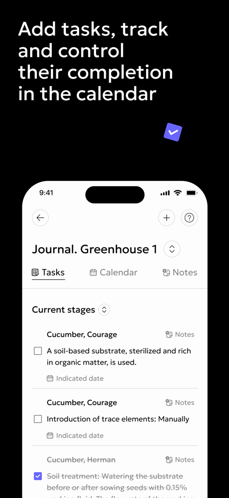 Gros.farm - Interfaz móvil de la aplicación Gros.farm que muestra una lista de tareas para el cultivo de pepino en un diario de invernadero.