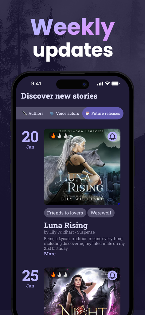 Moonlit - Werewolf Audiobooks - Moonlit app interface showing weekly updates and a schedule for upcoming werewolf romance audiobook releases like Luna Rising.