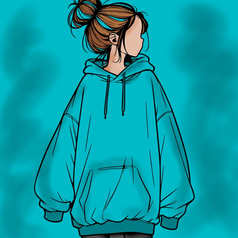 realistic girl with a oversized sweatshirt on and a bun