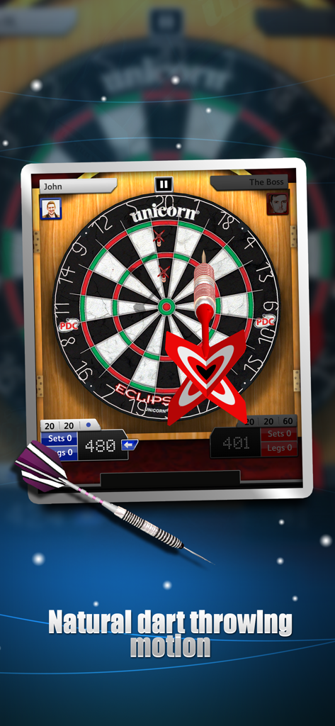 Darts Match - Juego móvil Dardos Match que muestra un lanzamiento de dardos realista en un tablero de dardos Unicorn oficial