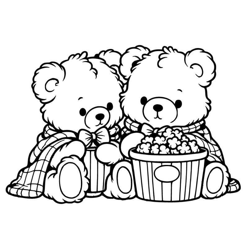 soft black and white line art illustration for coloring book similar to bobbie goods, cartoon style
teddy bears watching a movie together with blanket and bucket of popcorn.