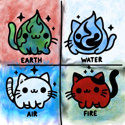 4 cats that represent the different elements, earth, water, air, and fire