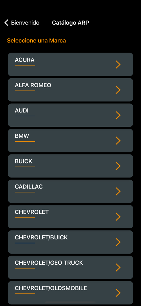 Auswahlliste der Fahrzeugmarken in der Continental Elite Teilekatalog-App
