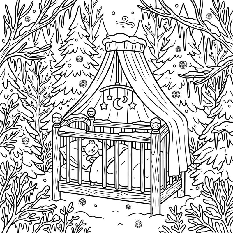 Escape to a magical winter wonderland with this enchanting coloring page featuring a cozy baby crib. Adorned with a canopy and mobile, and tucked amidst snow-covered trees, it's a serene scene perfect for a peaceful coloring session.