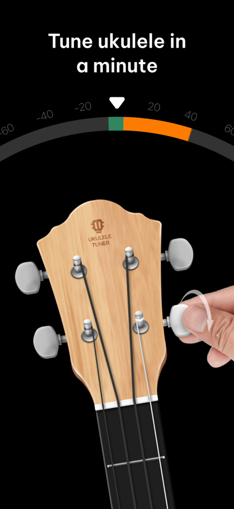 Interfaz digital de afinador de ukelele que muestra un medidor de afinación y clavijero