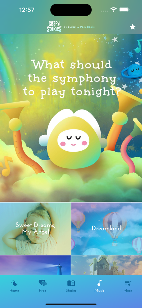 Sleepy Stories - Pantalla de inicio de la aplicación Sleepy Stories que presenta categorías de cuentos para dormir y listas de reproducción de música para niños.