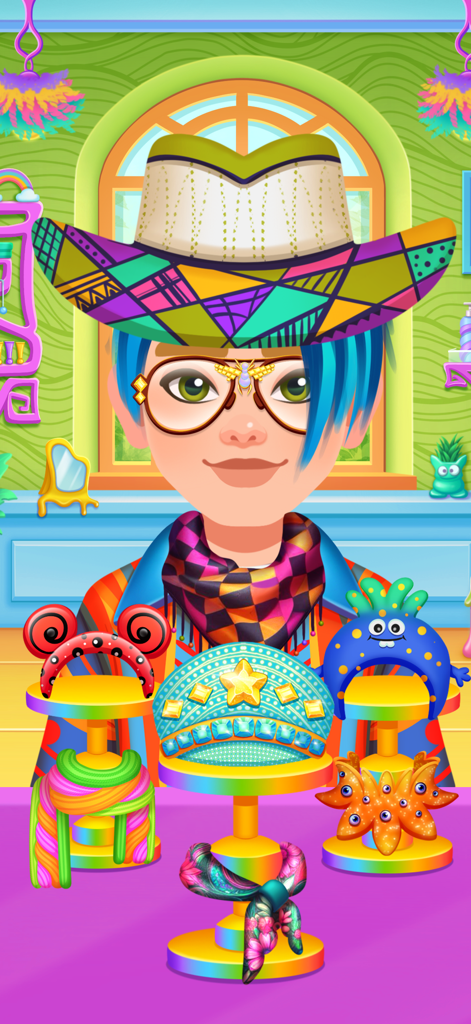 A character with blue hair wearing a colorful geometric hat and glasses in a dressing room with various accessories