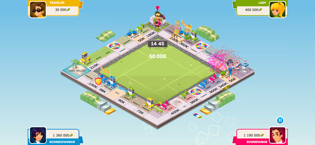 Business Tour Junior - Cuatro jugadores compitiendo en un tablero de juego de negocios digital con ciudades globales