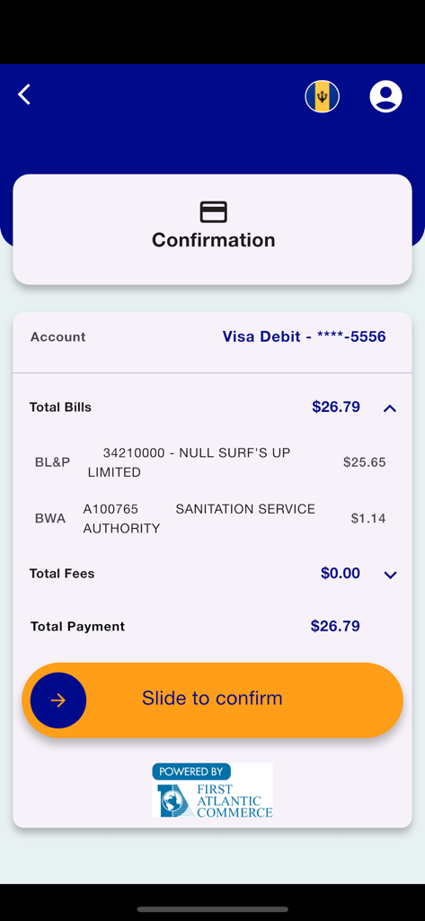 SurePay Mobile app screen for confirming bill payments with a slide to confirm button