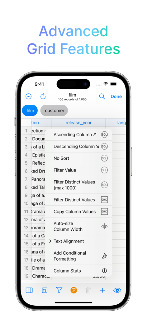 Advanced database grid features in SQLite Mobile Client app.