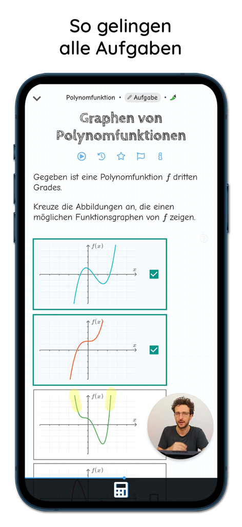 Miranda - Mathe-Nachhilfe - Interface do aplicativo de reforço de matemática Miranda apresentando gráficos de funções polinomiais e explicação em vídeo