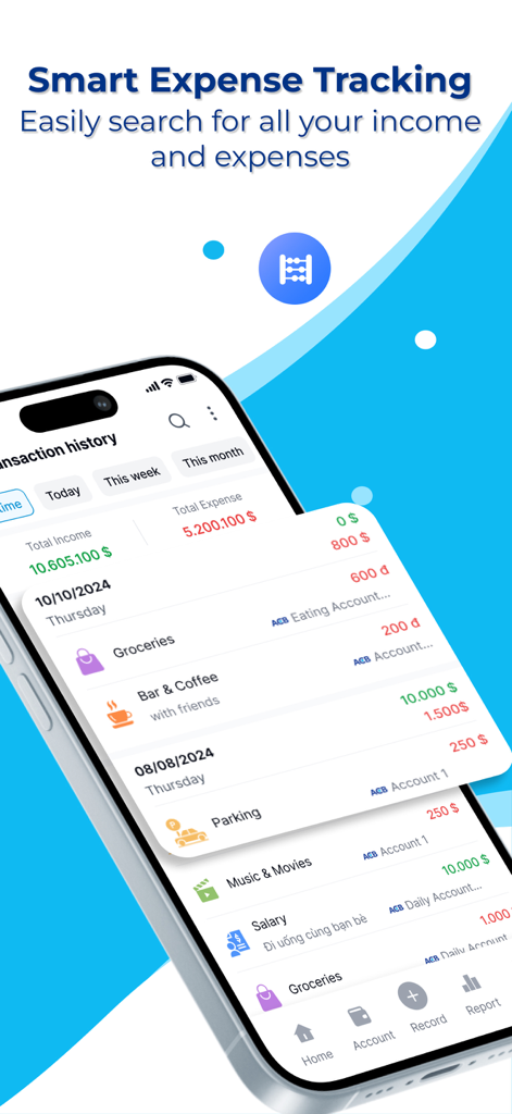 Eine mobile App-Oberfläche, die eine detaillierte Transaktionshistorie mit kategorisierten Einnahmen und Ausgaben zeigt