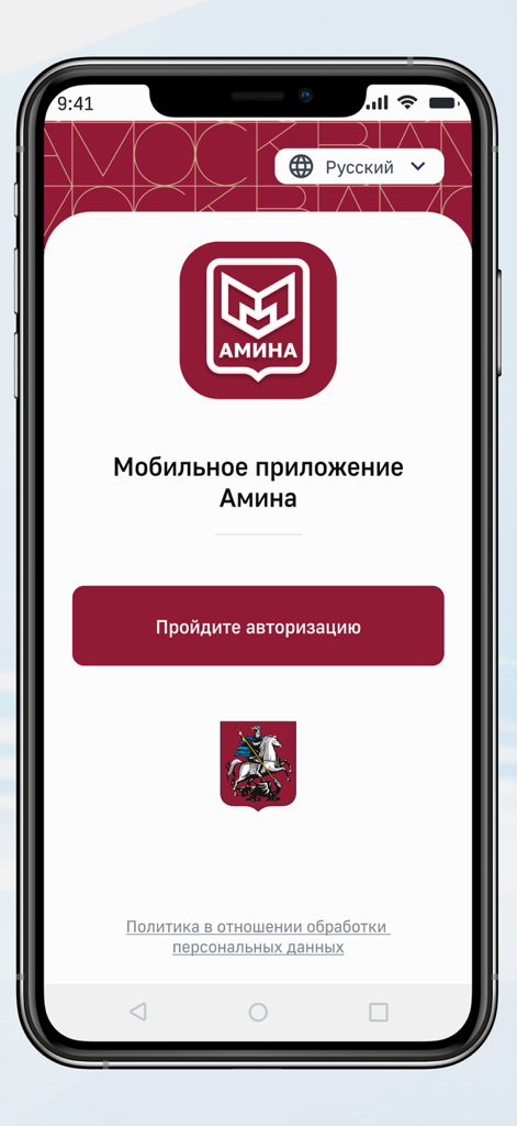 Amina mobile app login screen with authorization button