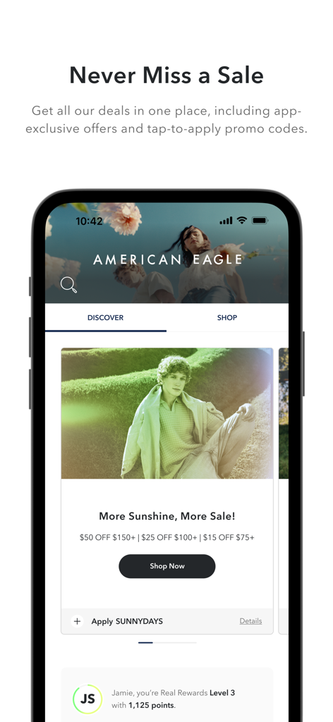 L'interfaccia dell'app AE e Aerie che mostra promozioni esclusive e lo stato di membro Real Rewards.