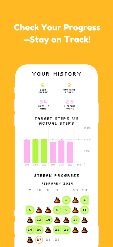 Habbie: Habit Tracker & Pet - Habbie app history screen showing a step count chart and a habit streak calendar with pixelated icons.