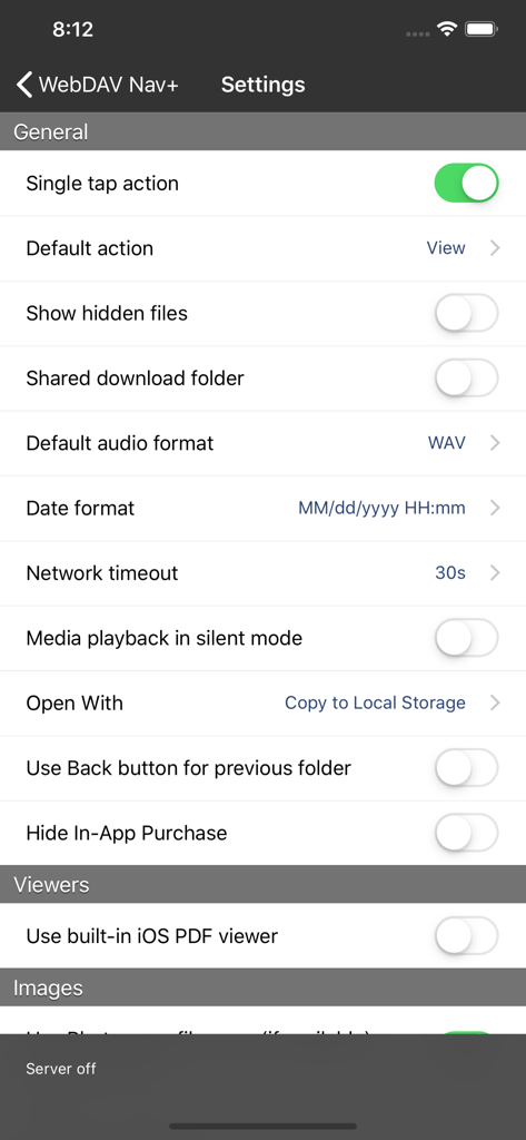 WebDAV Nav+ - WebDAV Nav plus app settings interface showing general configuration and viewer options