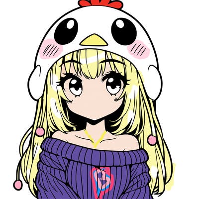 anime girl with chick shaped hat with sweater with bare shoulders with bangs covering them one eye with low tail