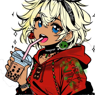 hot baddie anime girl drinking boba and biting the straw