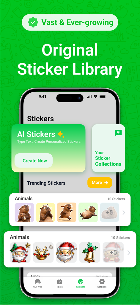 Web Scan - Dual Messenger App - Interface of the sticker library featuring AI sticker creation and various sticker categories like animals and Christmas.