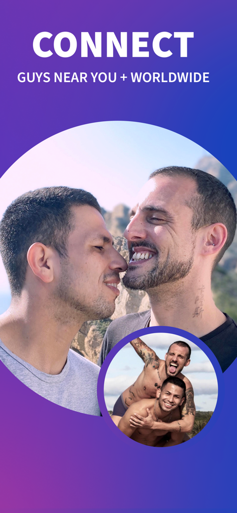 Wapo: Gay Dating App for Men - Two happy men smiling and connecting on the Wapo gay dating app with text about meeting guys nearby and worldwide
