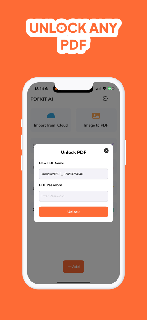 PDFKit: Convert Picture to PDF - Pantalla del iPhone mostrando la interfaz Desbloquear PDF en la aplicación PDFKit