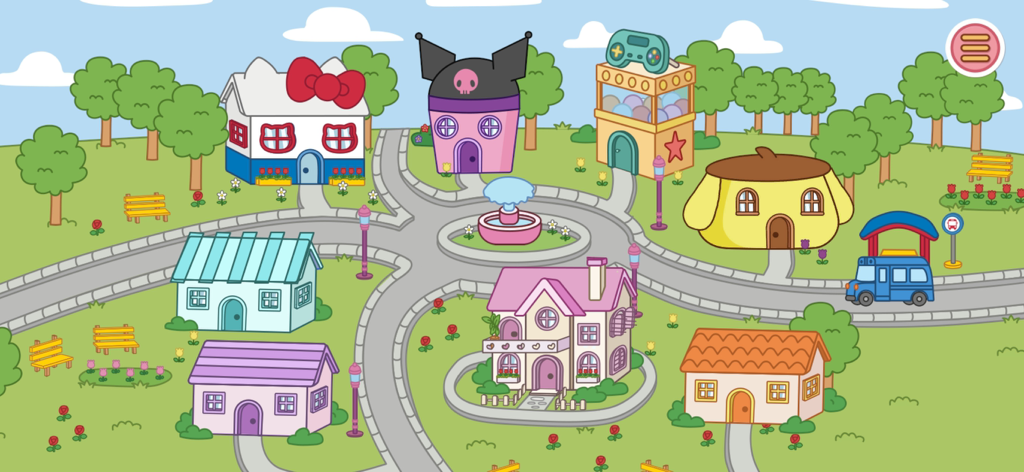 Hello Kitty And Friends World - ハローキティと仲間たちの世界のキャラクターの近所のカラフルな地図。様々なテーマの家を示している。