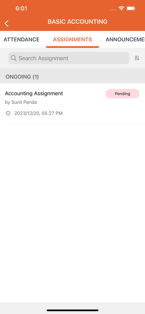 SPCC by Sunil sir - Mobile app screen showing a list of pending accounting assignments in the SPCC app