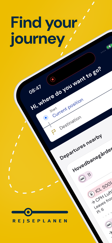 Rejseplanen NextGen app screen showing journey search and nearby departures for Denmark public transport.