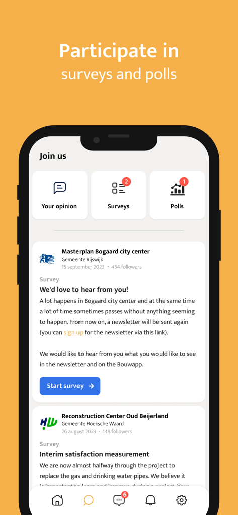 de BouwApp - 지역 건설 프로젝트에 대한 설문 조사 및 투표 참여 옵션을 보여주는 De BouwApp 화면