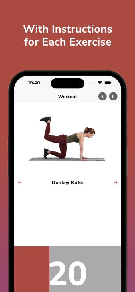 Uno schermo di smartphone dall'app Hip Dips Workout che mostra una donna che esegue un esercizio di donkey kick con testo esplicativo.