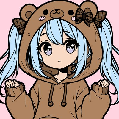 cute anime girl with ponytails and a cute bear hoodie