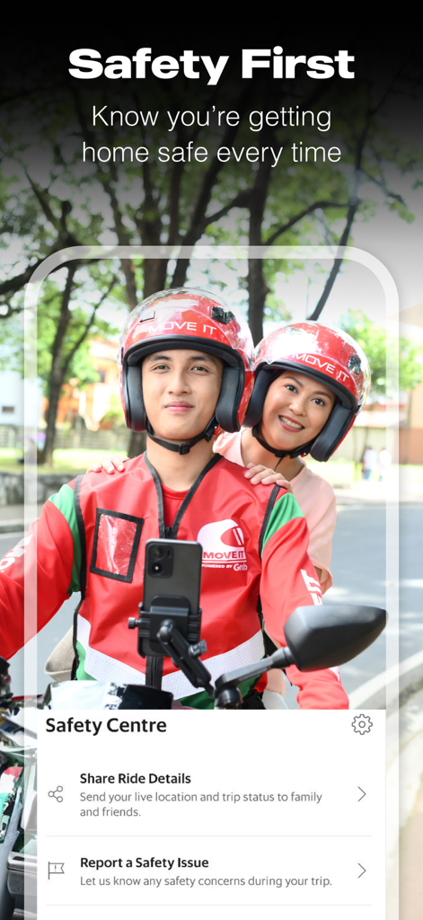 ライダーがヘルメットを着用しているMove Itバイクタクシーアプリの安全センター機能を示すスクリーンショット