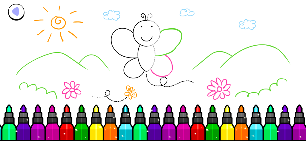 Kids coloring app screen featuring a butterfly outline and colorful markers at the bottom
