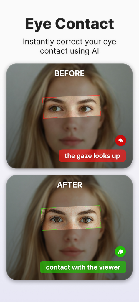 Capsula AI: Video Captions App - Before and after comparison of AI eye contact correction for video content creators.
