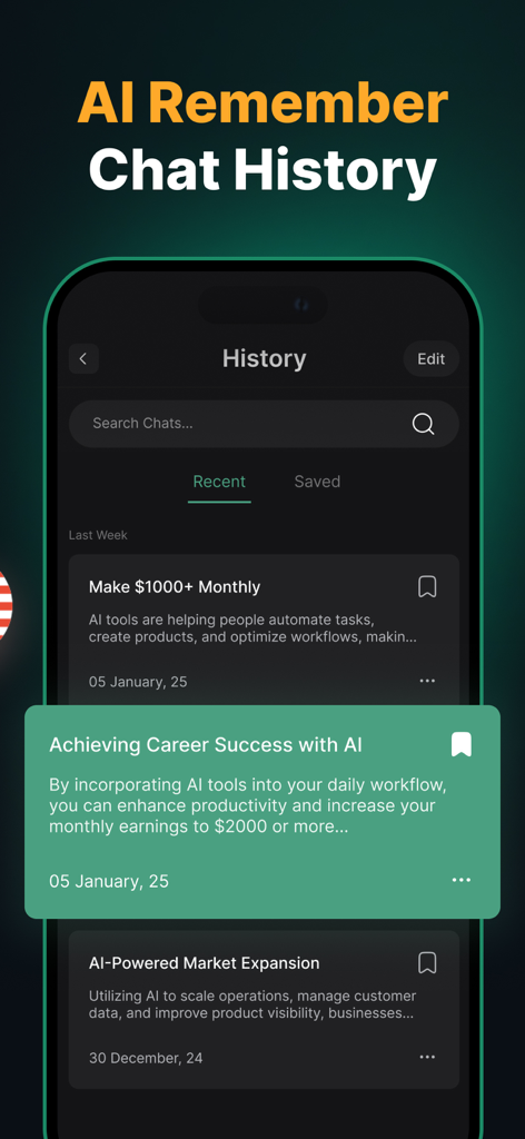 Interface de l'application d'agrégation d'IA affichant une liste d'éléments d'historique de chat récents et enregistrés sur un thème sombre