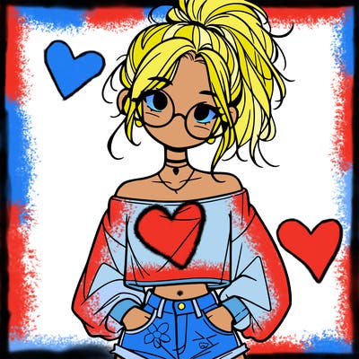 girl with a messy ponytail glasses a baggy crop top and jean shorts