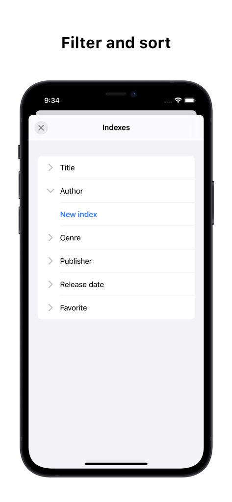 Collections Database - Interface of the Collections Database app showing a list of indexes to filter and sort data including Title Author and Genre
