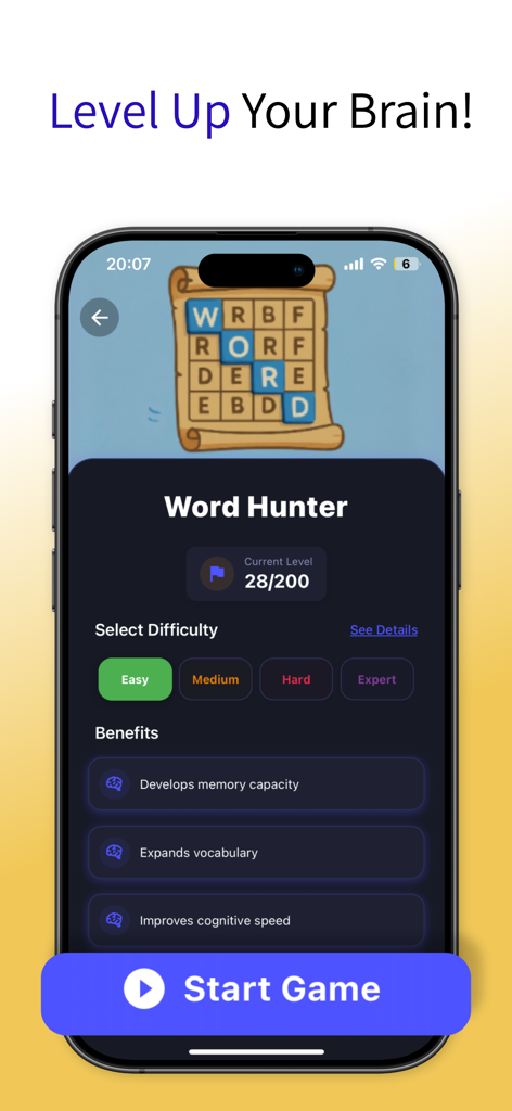 Mind Master: Brain Tests - Interfaz del juego Word Hunter en la aplicación Mind Master que muestra los niveles de dificultad y los beneficios del entrenamiento cerebral.