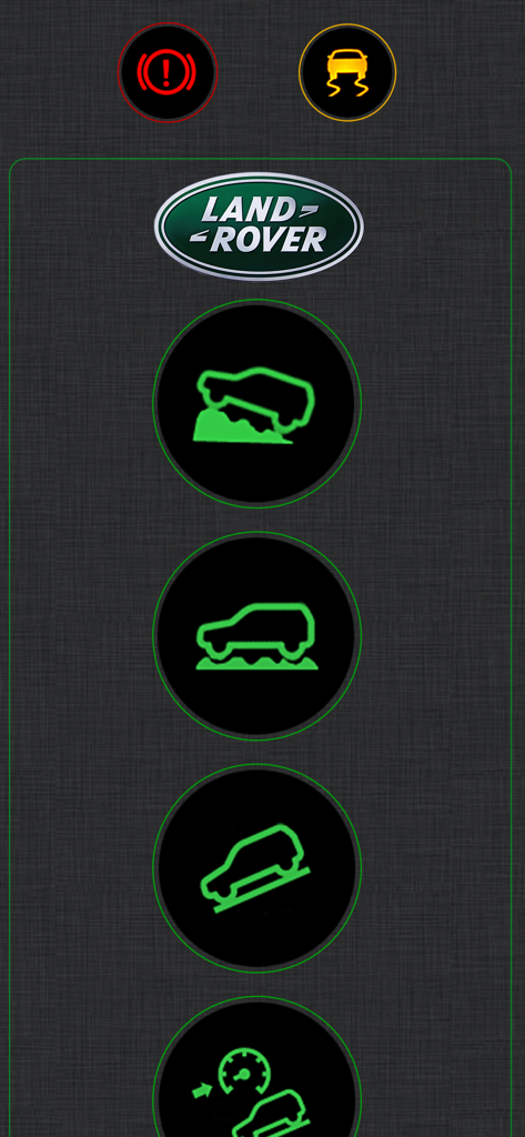 Land Rover Warning Lights Info - Screenshot der App "Land Rover Warnleuchten Info", die verschiedene Armaturenbrett-Symbole und Off-Road-Modus-Icons anzeigt.
