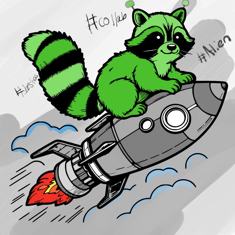 realistic raccoon flying on top rocket ship