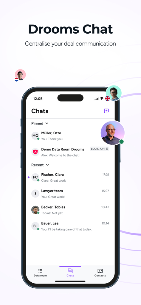 Drooms - Écran de chat de l'application mobile Drooms montrant une liste de contacts professionnels pour la communication de transactions.