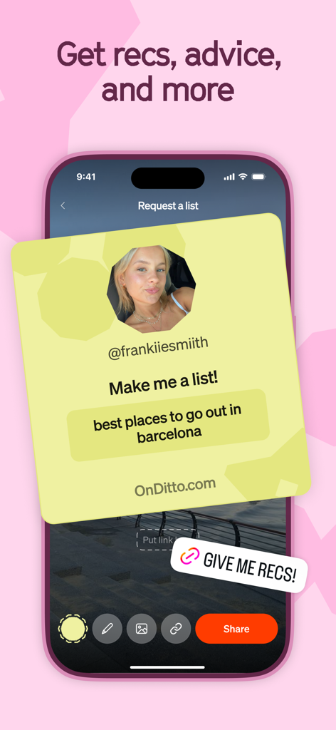 A user on the Ditto app requesting a list of the best places to go out in Barcelona.