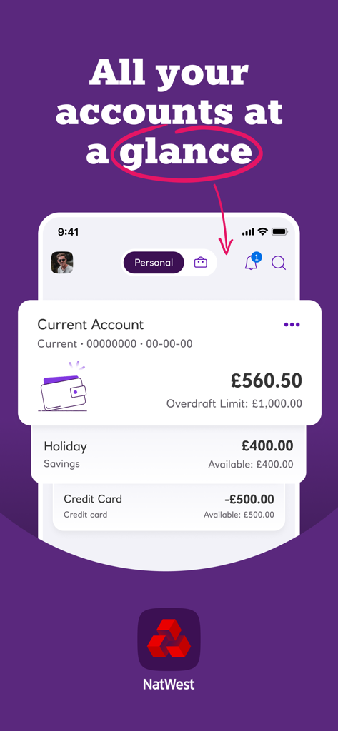 NatWest Mobile Banking - NatWest mobile banking app dashboard displaying balances for current and savings accounts