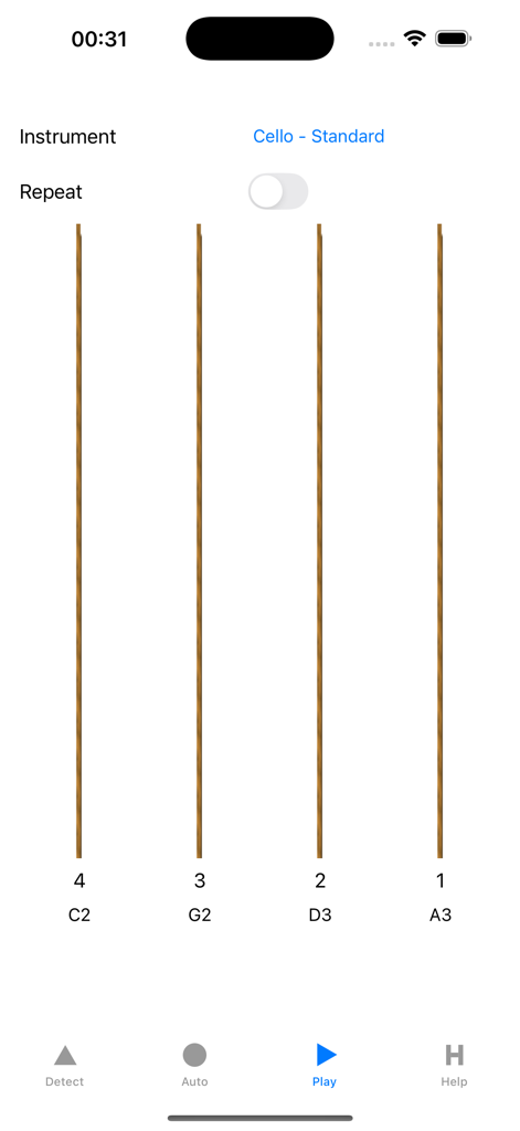 Accurate Cello Tuner - Interfaz de la aplicación afinador de violonchelo mostrando las cuatro cuerdas estándar etiquetadas como Do2 Sol2 Re3 y La3 en modo de reproducción