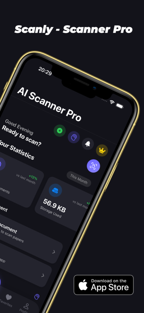 Scanly - AI Scanner Pro Scan - Scanly AI Scanner Pro App-Oberfläche, die die Speichernutzung und Dokumentenscanoptionen auf dem iPhone anzeigt