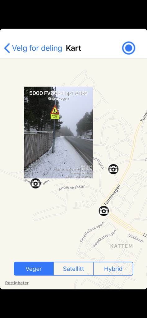 VegViseren - VegViseren 앱 지도 인터페이스에 기술 메타데이터 오버레이가 있는 지오태그된 도로 유지보수 사진 표시