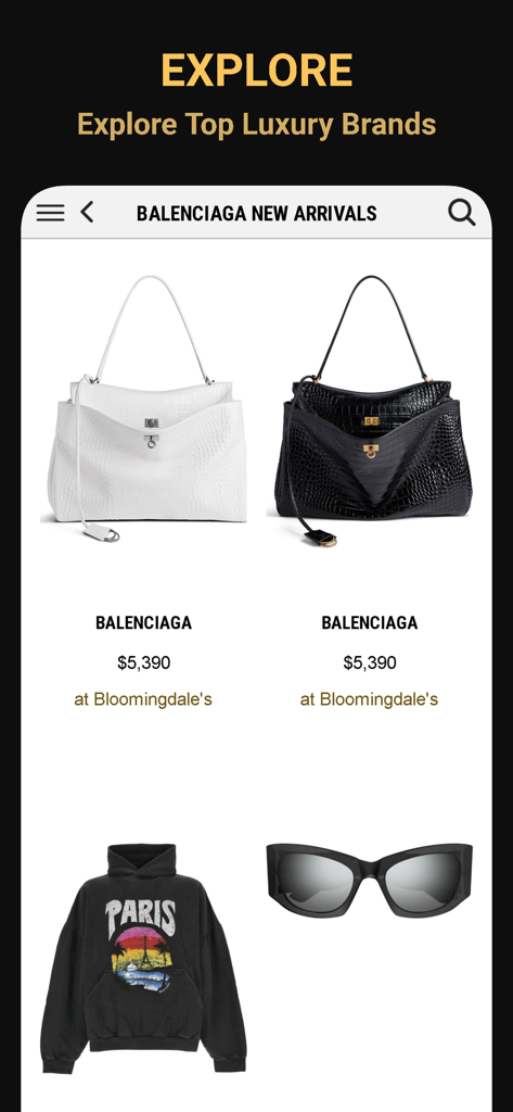 Luxury Brands Search｜CHERCHER - Interface de l'application CHERCHER présentant les nouvelles arrivées Balenciaga, y compris des sacs à main et des lunettes de soleil de créateurs.