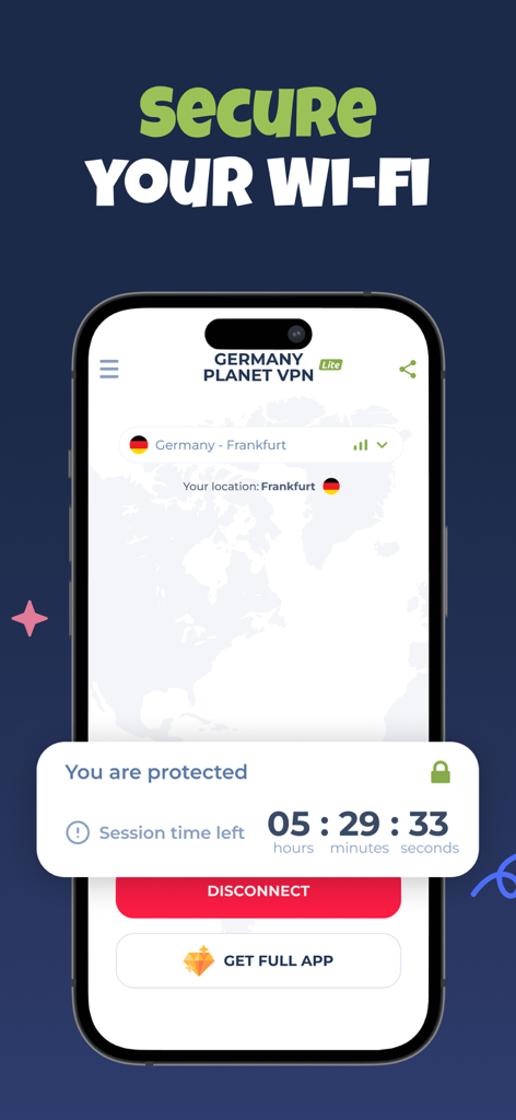 Smartphone displaying Germany VPN Lite app with secure Wi-Fi status and location set to Frankfurt